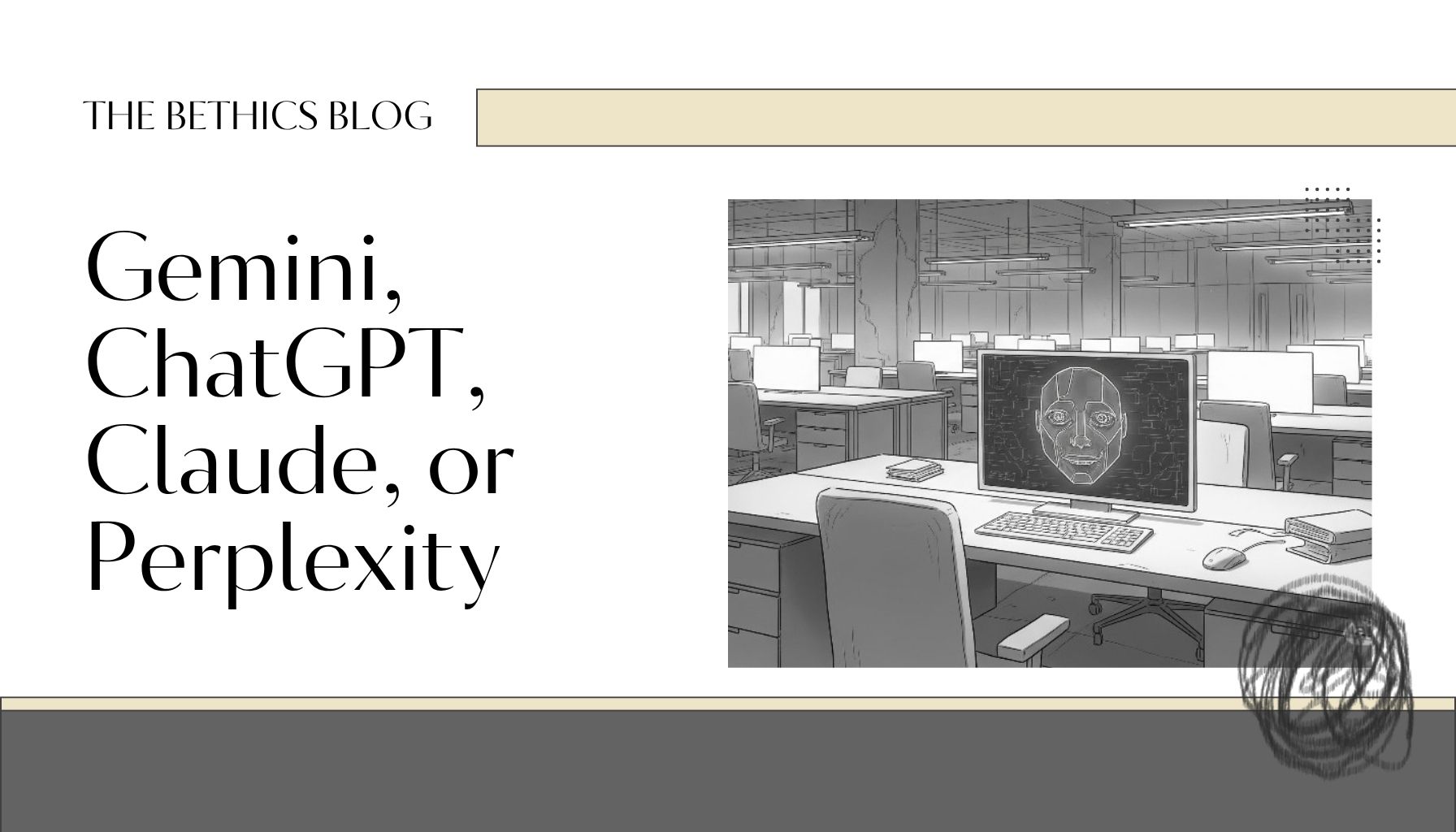 Illustration generated by Gemini AI showing a minimal, modern workspace with an AI face displayed on a computer screen—used as the blog header image for a post comparing top AI chatbots.