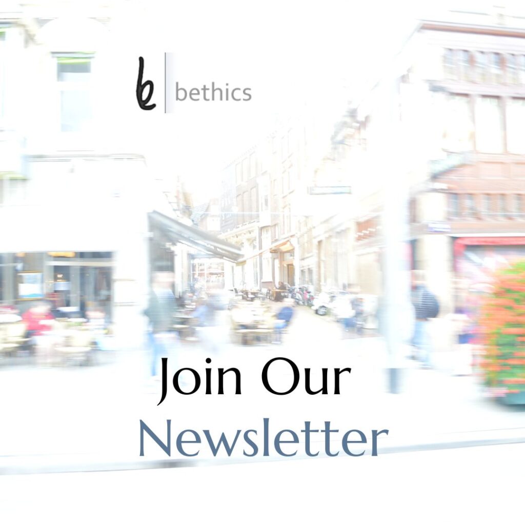 A bright, blurred photograph of a European street with outdoor cafés, serving as a visual prompt for a newsletter sign-up form for bethics.com. The "bethics" logo is in the top left, and "Join Our Newsletter" is prominently displayed in the center.