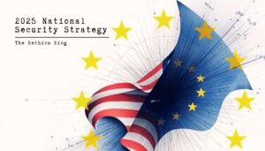 A stylized image of the US and EU flags twisting together, symbolizing tension in the transatlantic relationship.