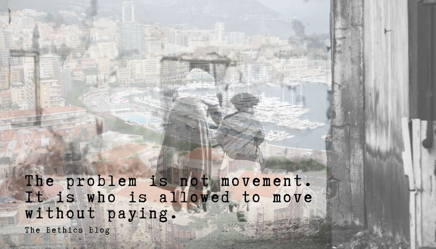 Composite image showing two people walking with bags in the foreground, overlaid with a dense coastal city and marina filled with yachts.