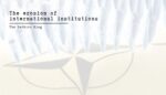 A high-key, minimalist image featuring a row of sharp, bullet-like white shapes pointing downward toward a faded, translucent NATO compass rose. The text "The erosion of international institutions" is written in a black typewriter font in the upper left corner, underscored by the words "The Bethics Blog."