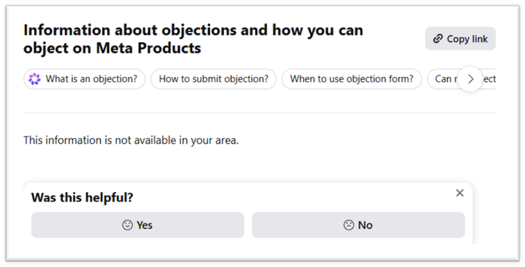 Screenshot of Meta's Help Center page on objections, displaying the message "This information is not available in your area."