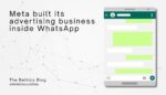 Illustration of a smartphone chat interface resembling WhatsApp with message bubbles, alongside the text “Meta built its advertising business inside WhatsApp” and a background network pattern.