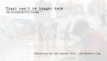 A faded photograph of children walking through a flooded refugee camp, overlaid with the text "Trust can't be bought back — the Accountability Vacuum."