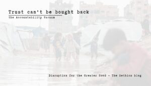 A faded photograph of children walking through a flooded refugee camp, overlaid with the text "Trust can't be bought back — the Accountability Vacuum."
